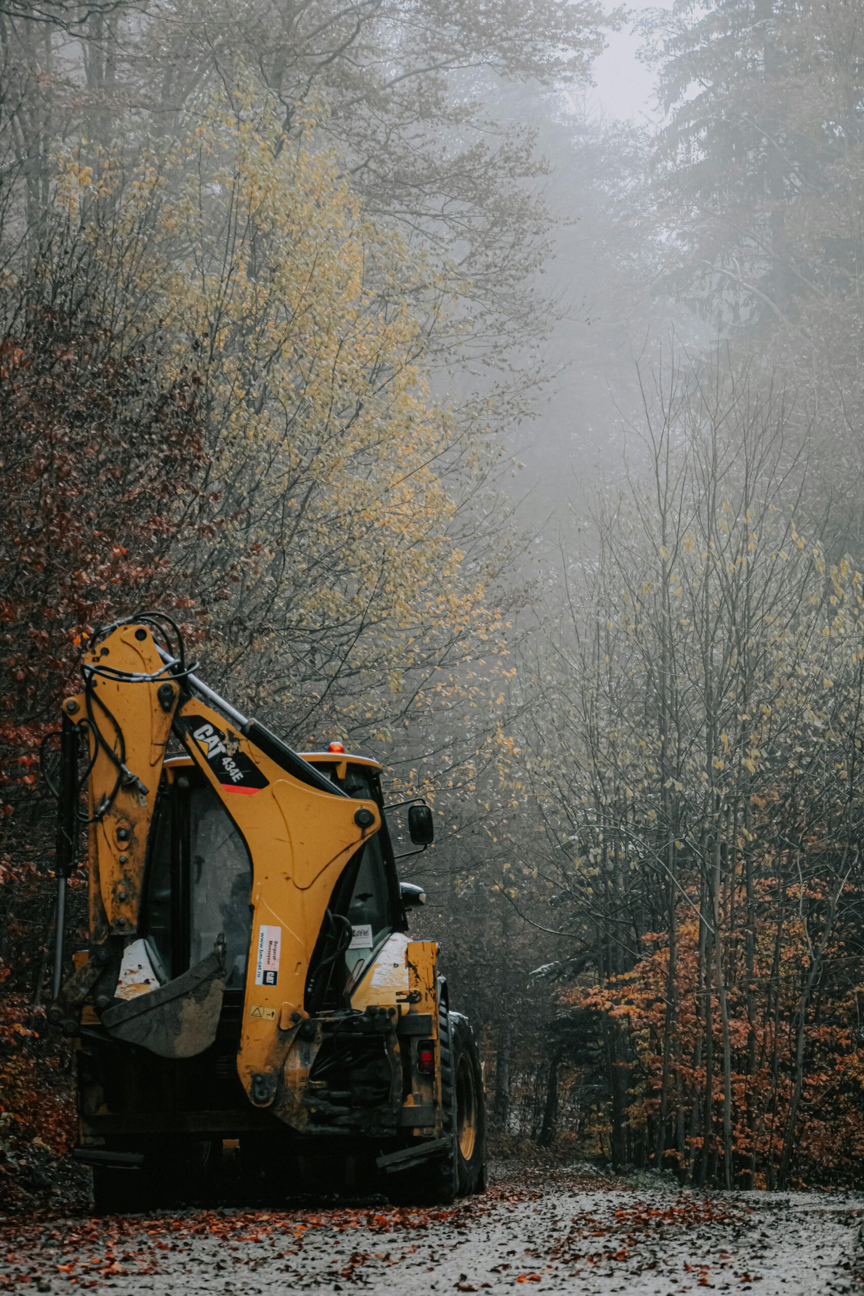 A yellow excavator on a foggy autumn forest path, creating a tranquil and eerie scene.